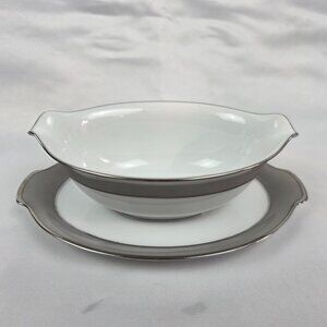 Sango Plantina Gravy Boat with Underplate Gray Band Platinum Trim